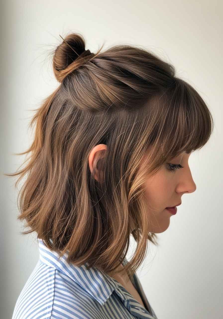 Half-Up Messy Bun with Bob Length Hair