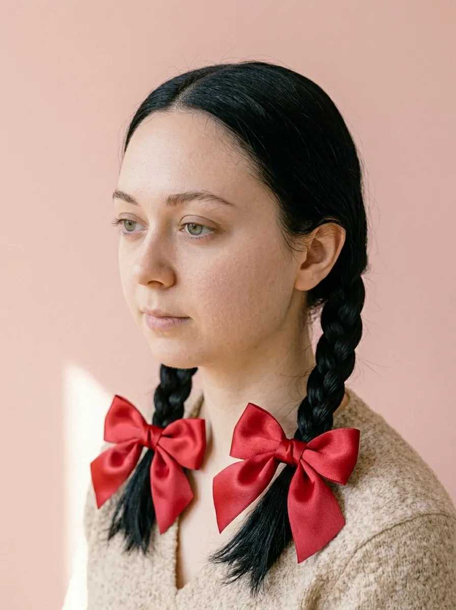 Braided Pigtails with Bow Ties