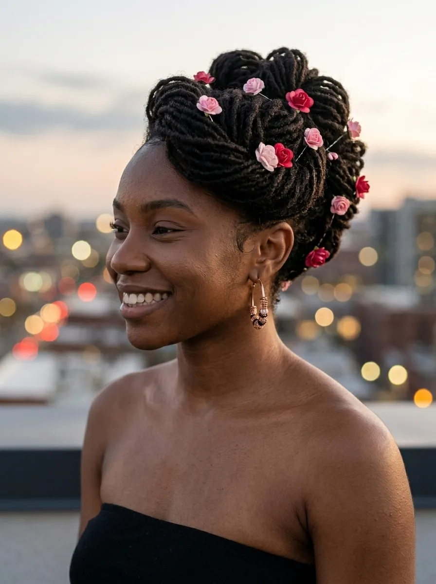 Loc Updo with Floral Pins