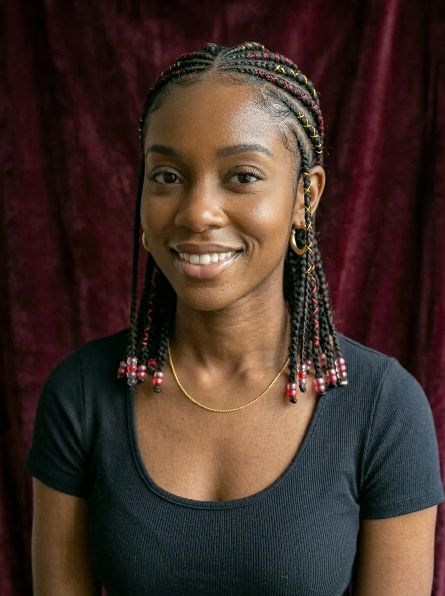 Cornrows with Red and Gold Thread