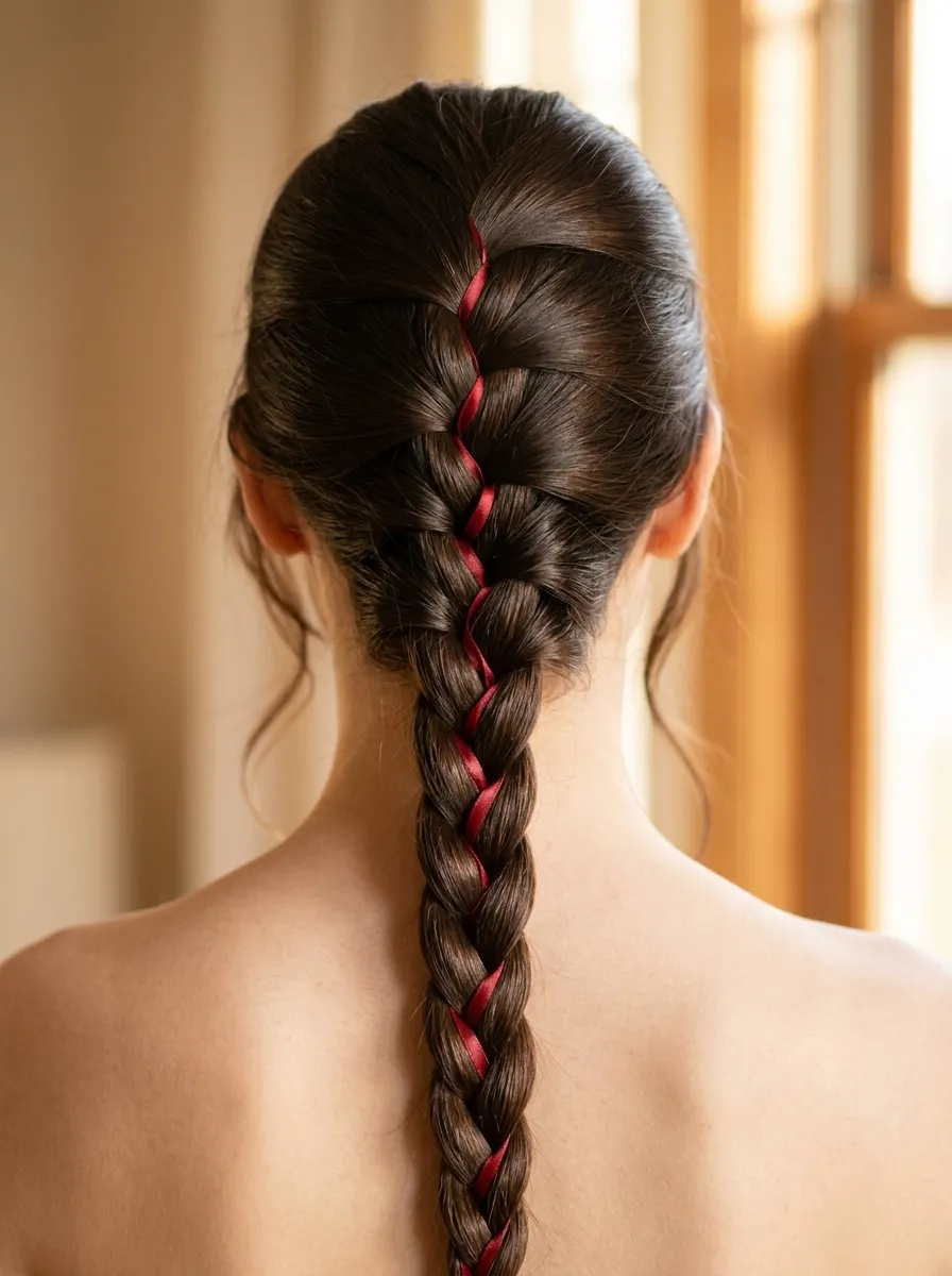 Classic French Braid with Red Ribbon