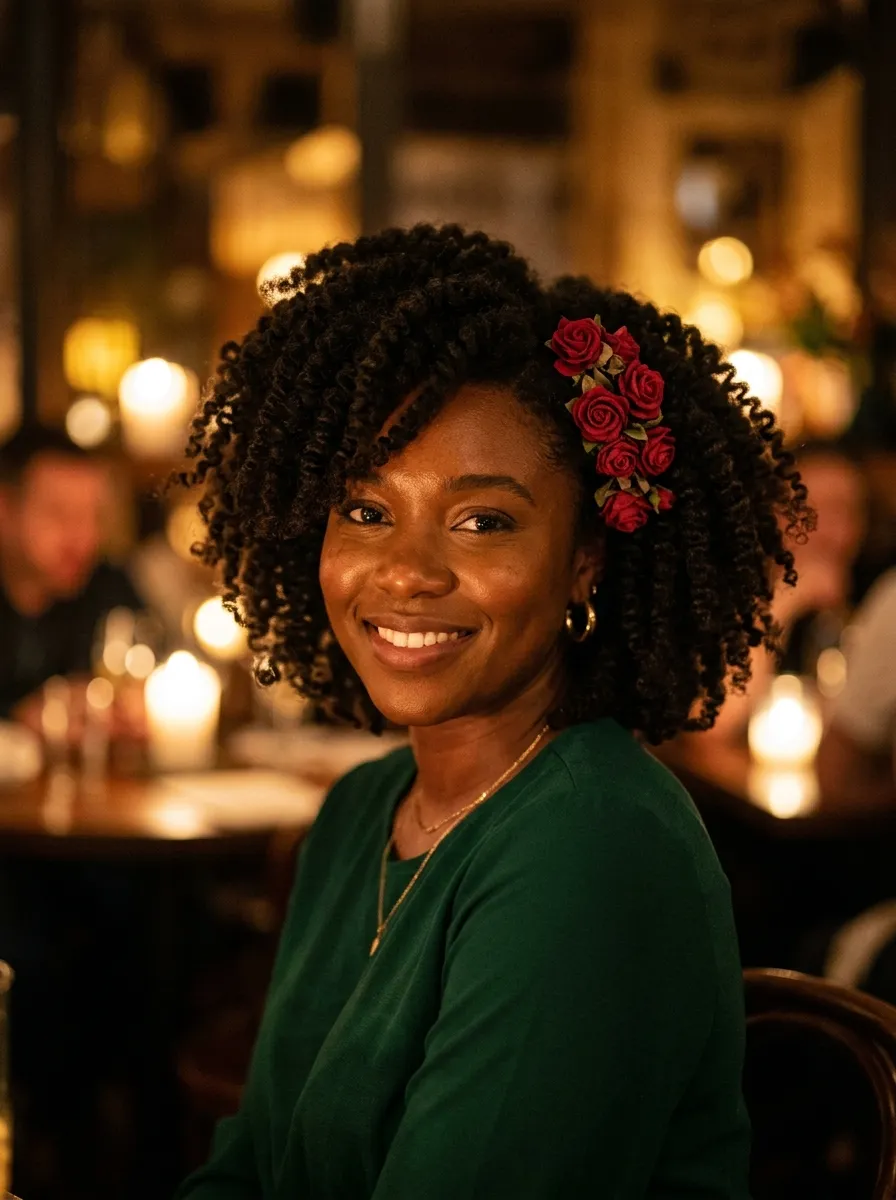 Defined Twist-Out with Rose Accessories