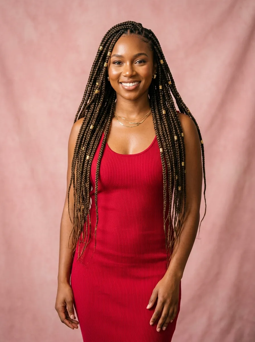 Long Knotless Box Braids with Gold Cuffs