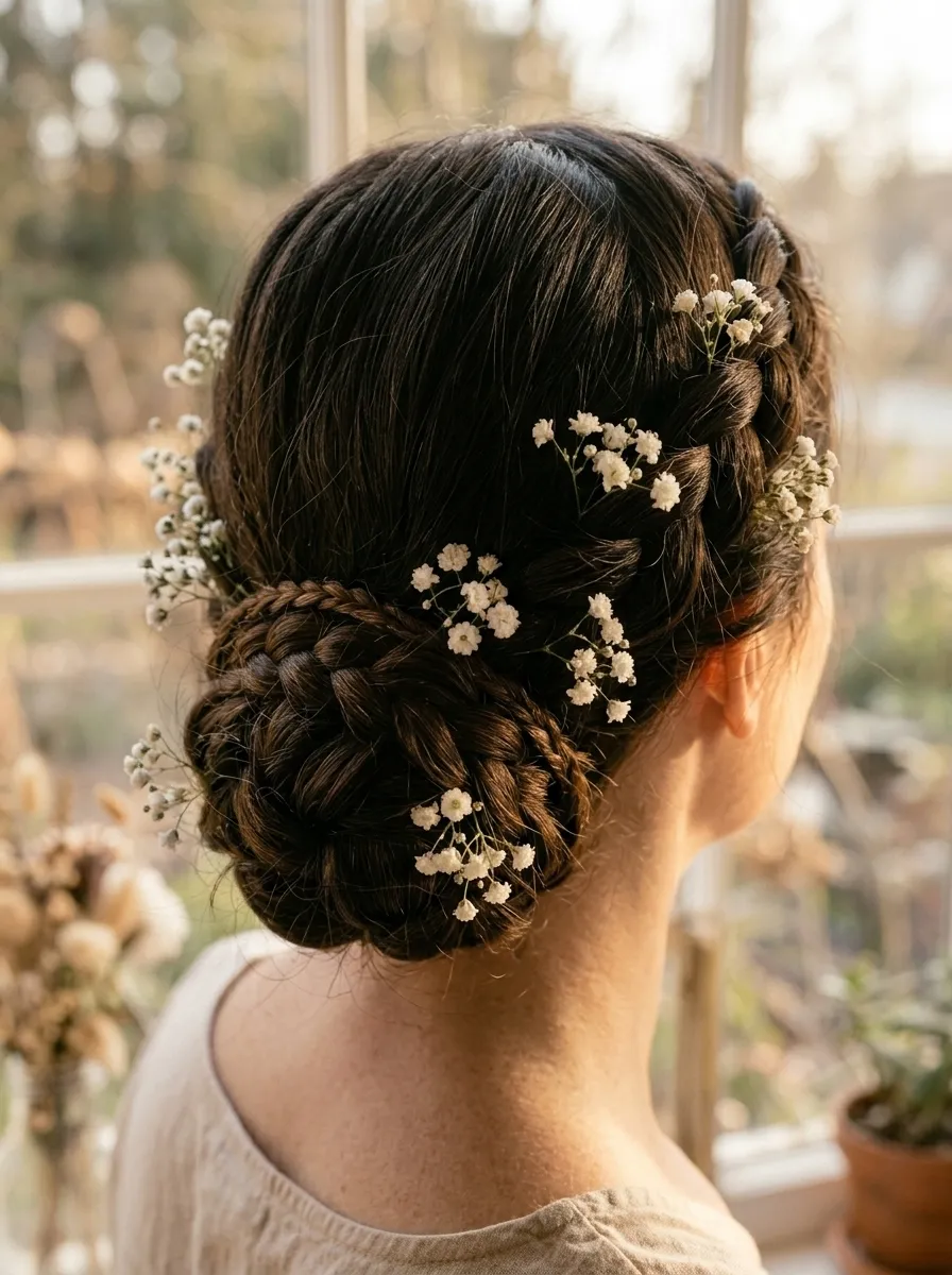 Braided Low Bun with Baby's Breath