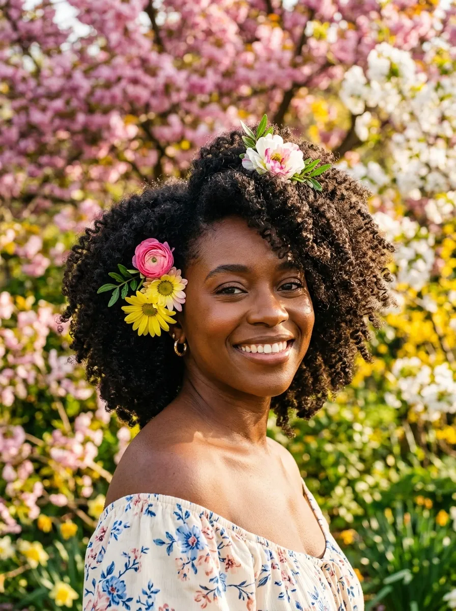 Curly Natural Hair with Floral Picks