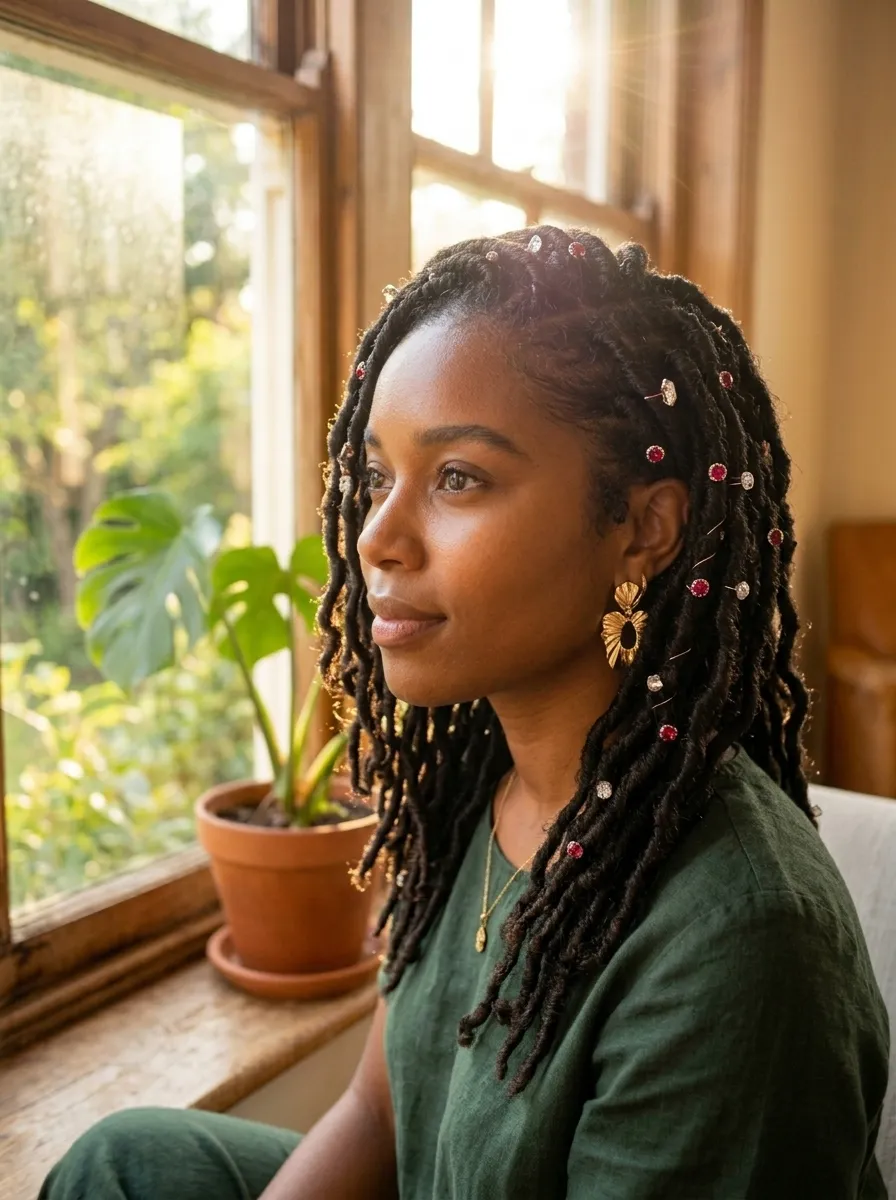 Side-Swept Faux Locs with Jewels
