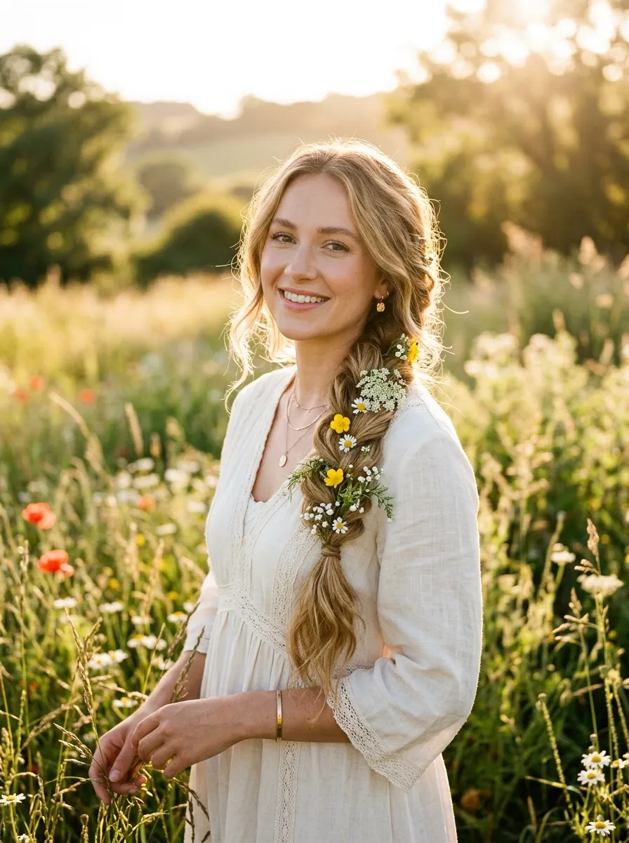 Boho Side Braid with Wildflowers