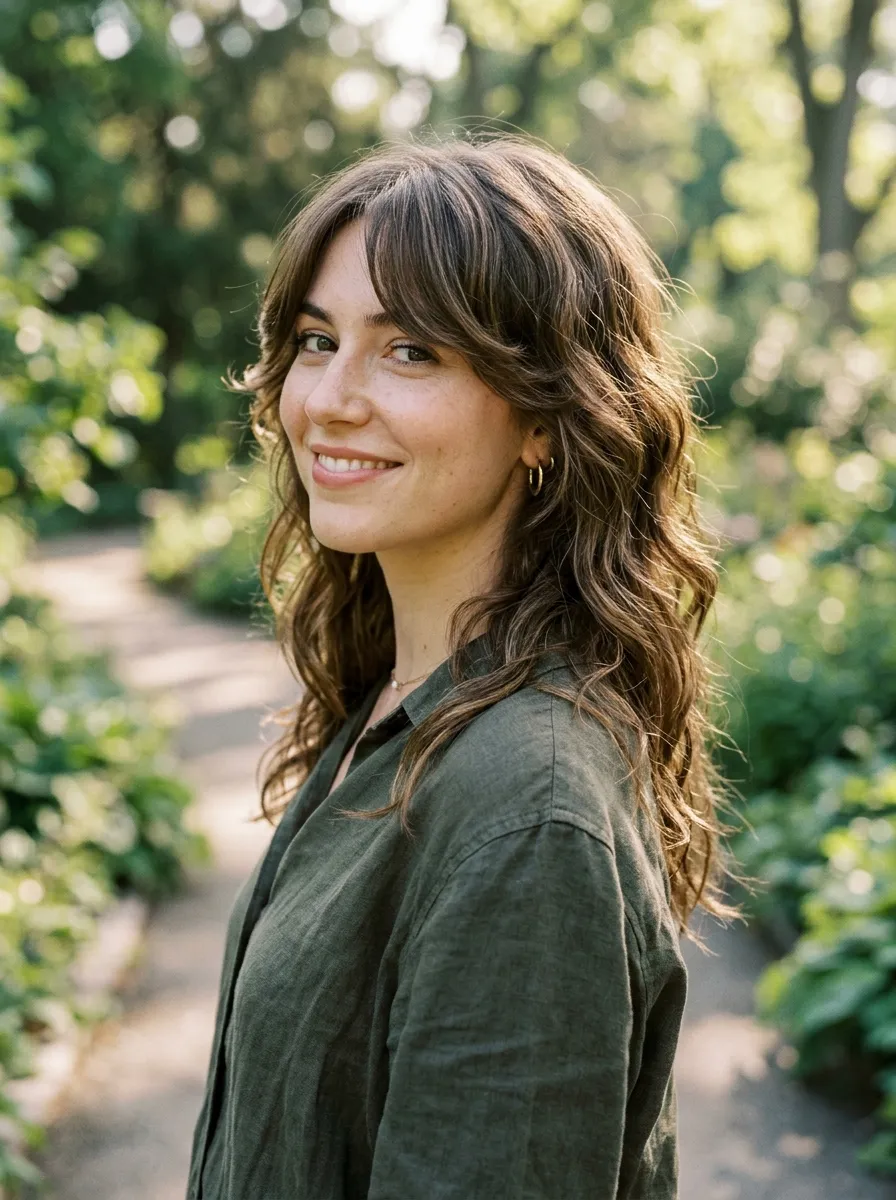 Butterfly Wolf Cut with Curtain Bangs on Wavy Hair