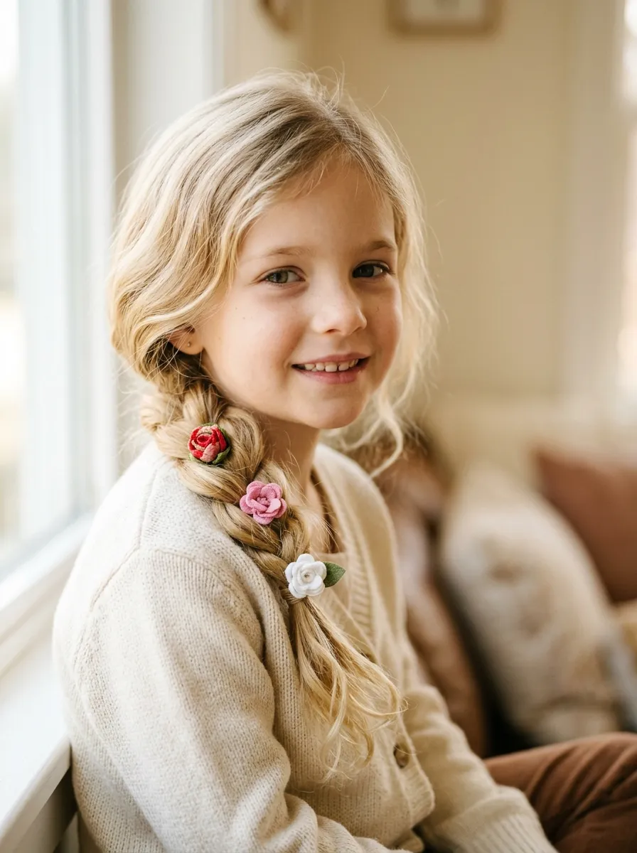 Side Swept Braid With Flower Clips
