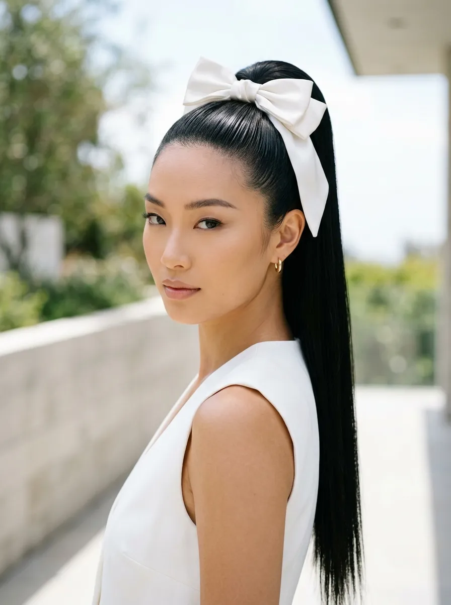 Sleek High Ponytail with Bow Accessory