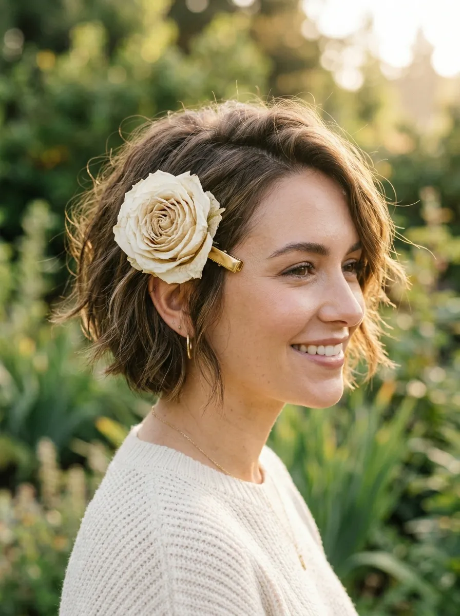 Textured Bob with Floral Clip