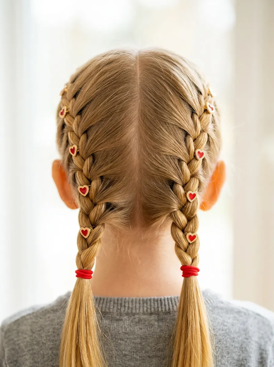 Two French Braids With Heart Clips