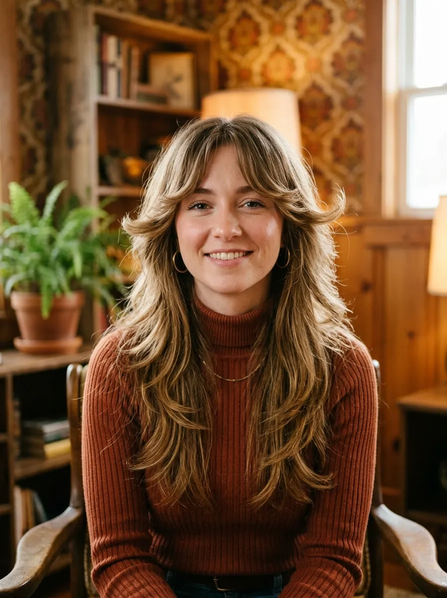 Wolf Cut with Bangs for a Retro 70s Look
