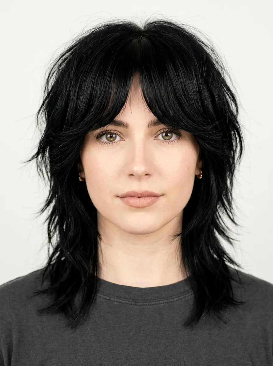 Wolf Cut with Bangs in Dark Colors for Maximum Impact
