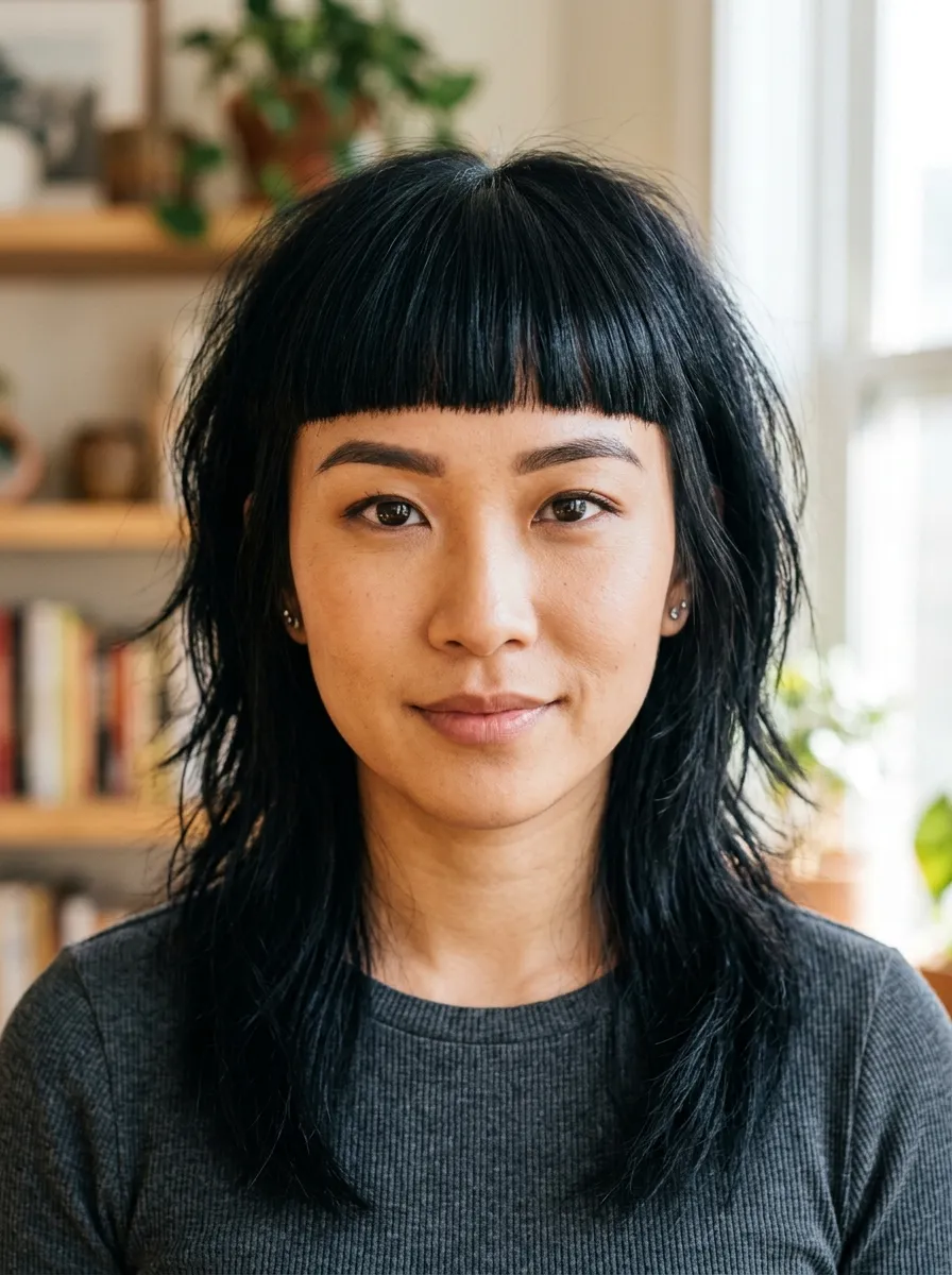 Wolf Cut with Blunt Straight-Across Bangs