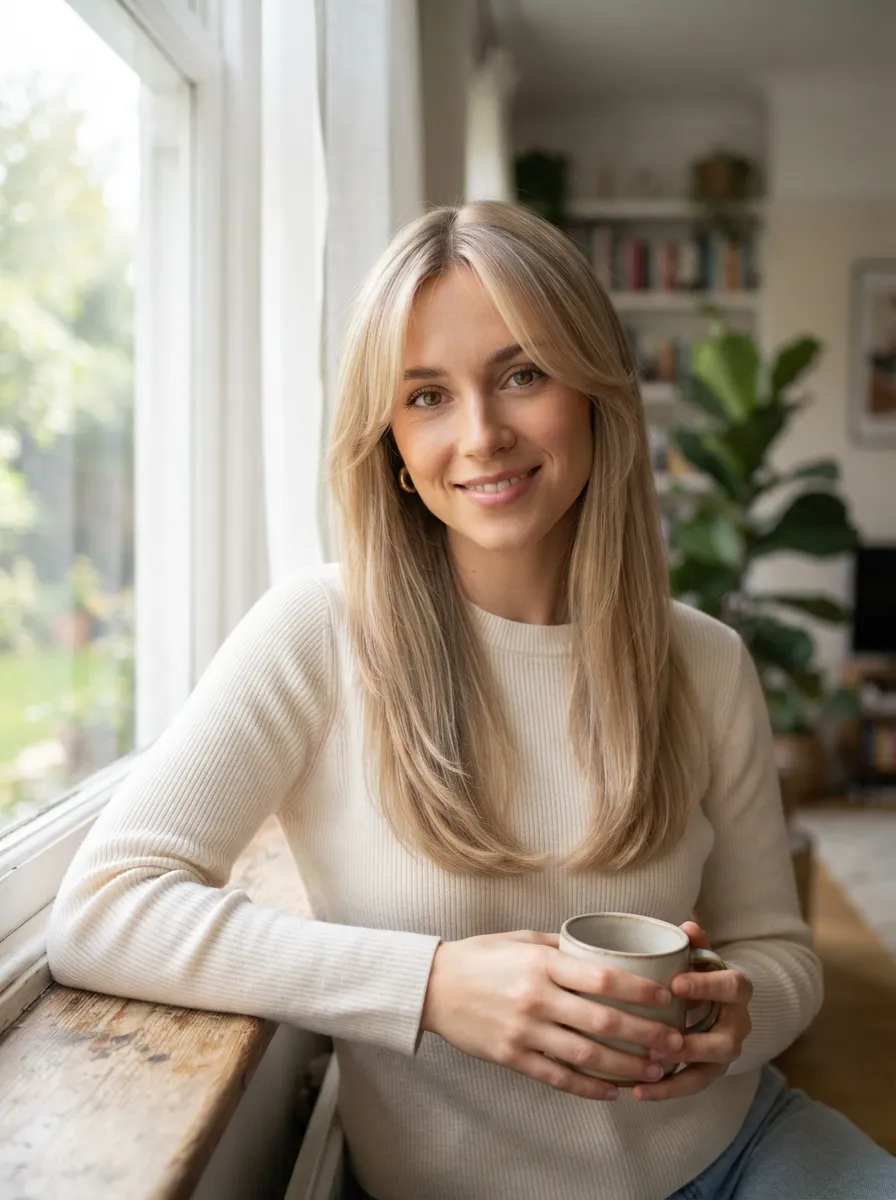 Curtain Bangs with Long Layers for Straight Fine Hair