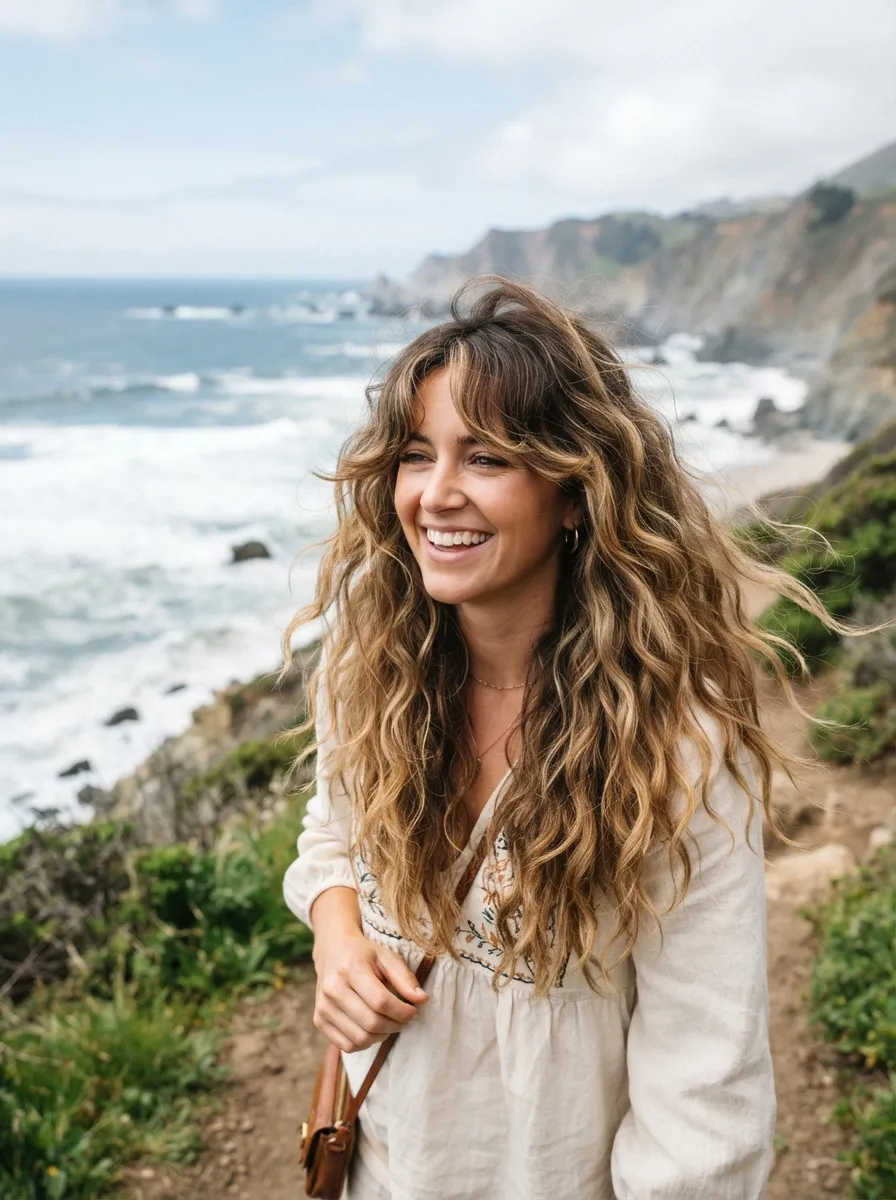 Curtain Bangs with Long Layers for Thick Wavy Hair