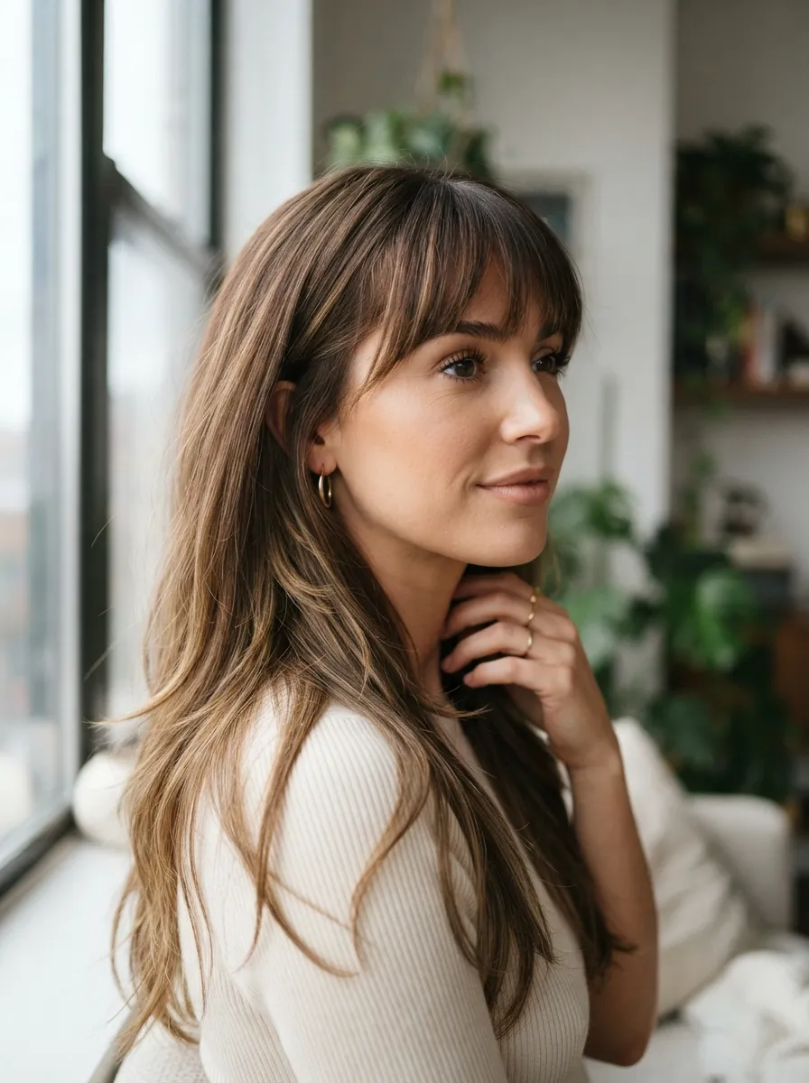 Short Curtain Bangs Blended into Long Layers