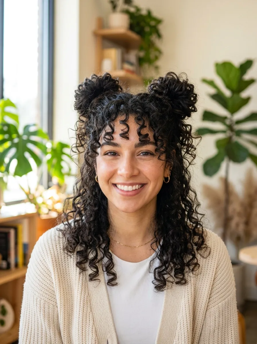 Curly Wolf Cut with Space Buns