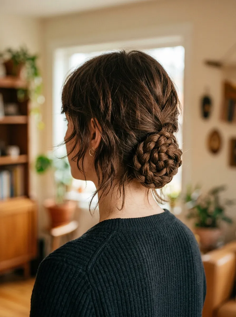 Wolf Cut with a Braided Low Bun