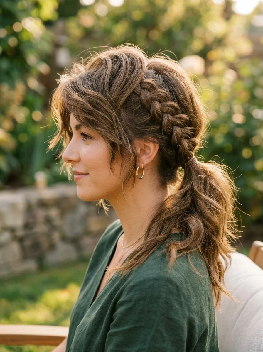 Wolf Cut with a Side Dutch Braid into Ponytail