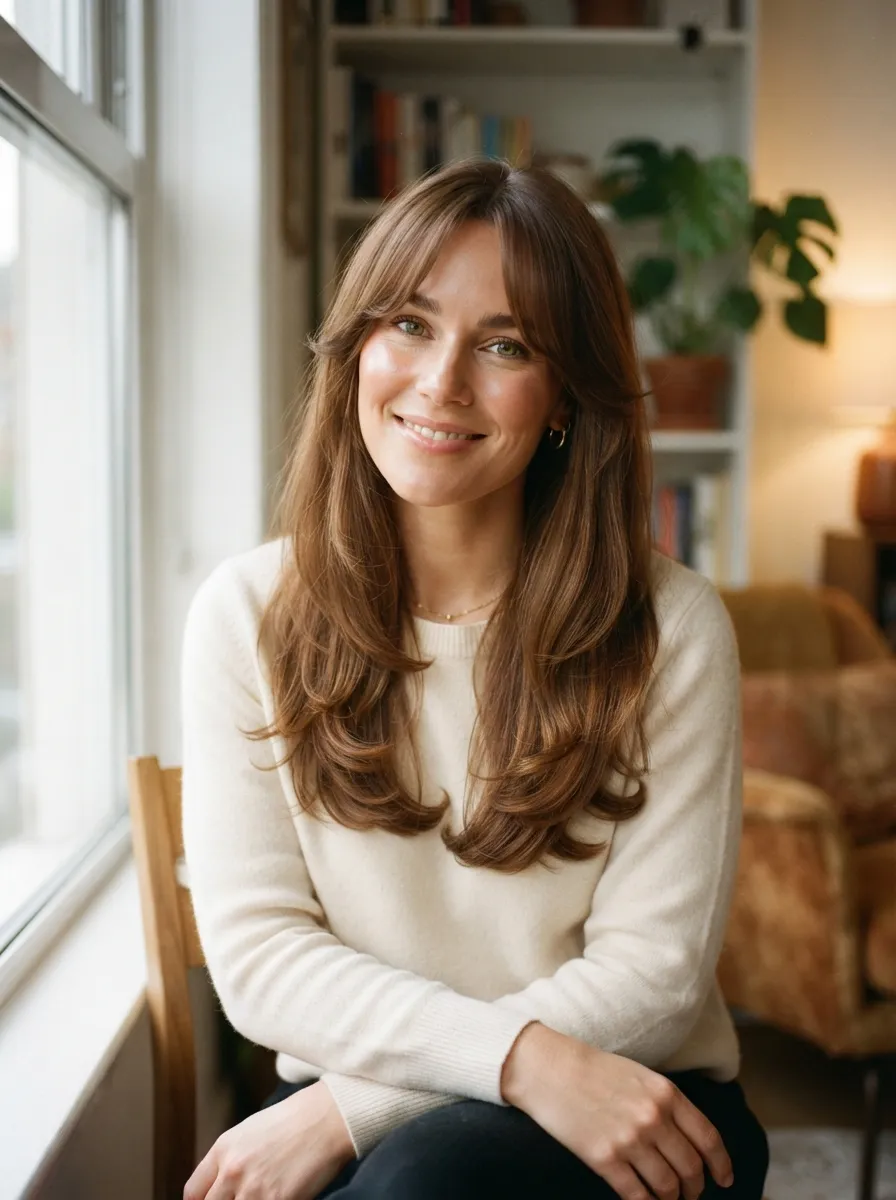 Curtain Bangs with Long Layers for Square Faces