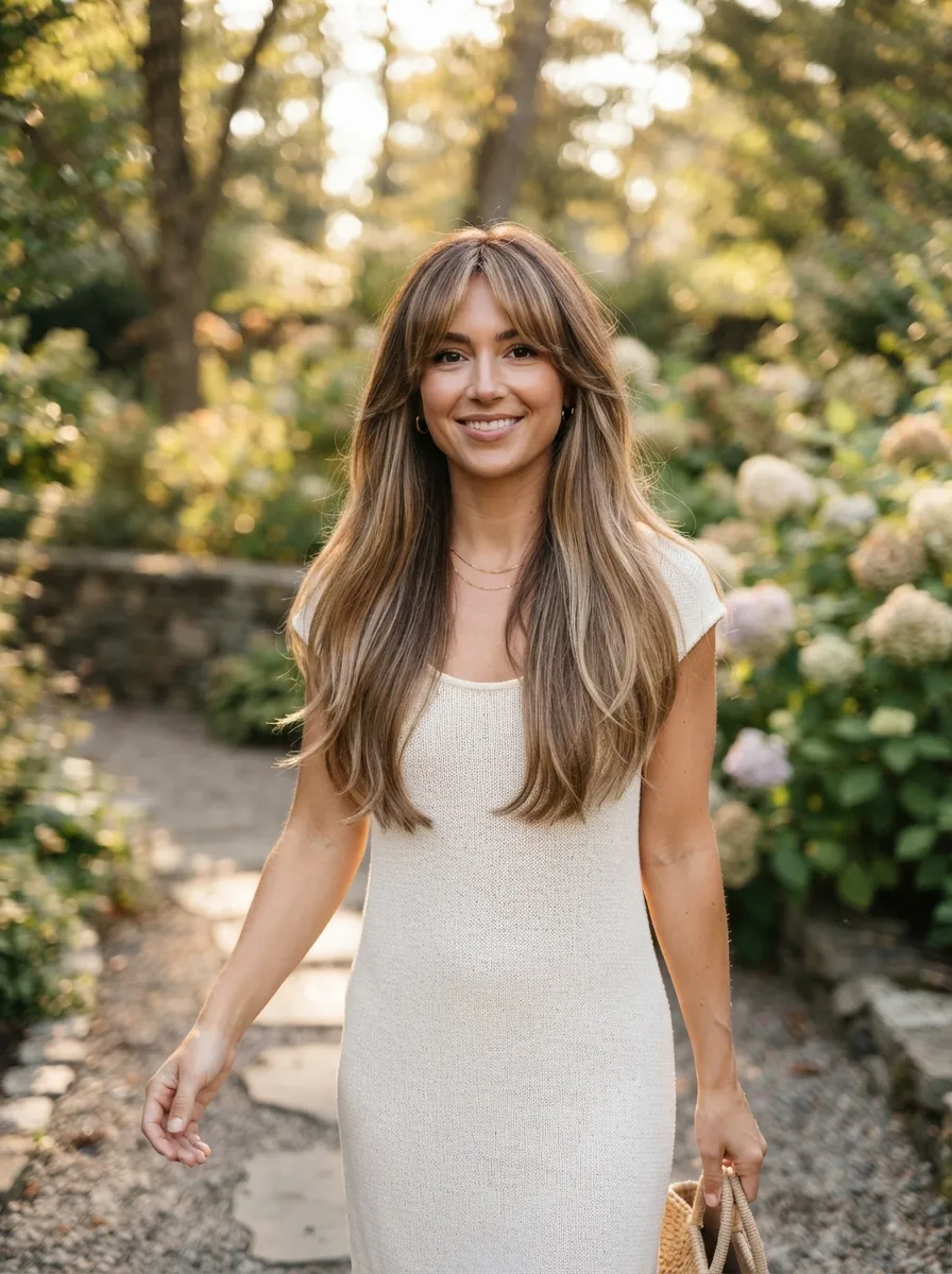 Curtain Bangs with Long Layers and Subtle Bronde Tones