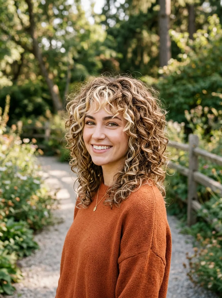 Curly Wolf Cut with Money Piece Highlights