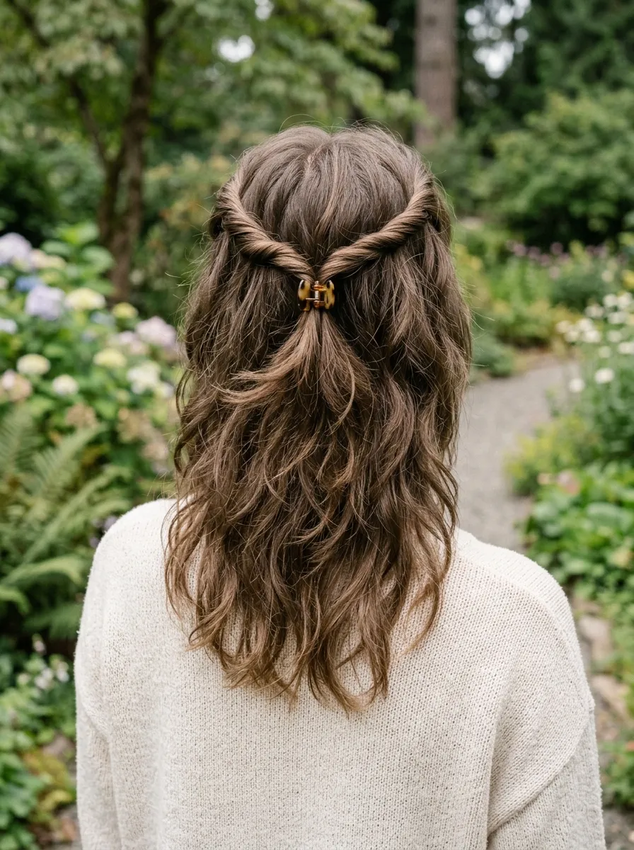 Wolf Cut with a Twisted Braid Half-Up