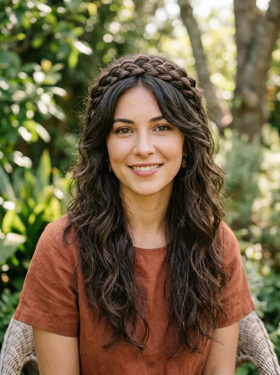 Wolf Cut with a Braided Crown and Textured Layers Down