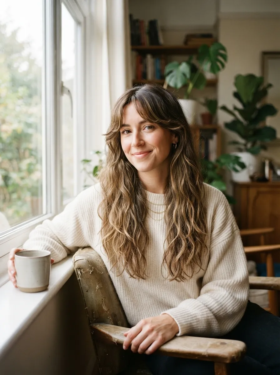 Curtain Bangs with Long Layers and Air Dried Waves