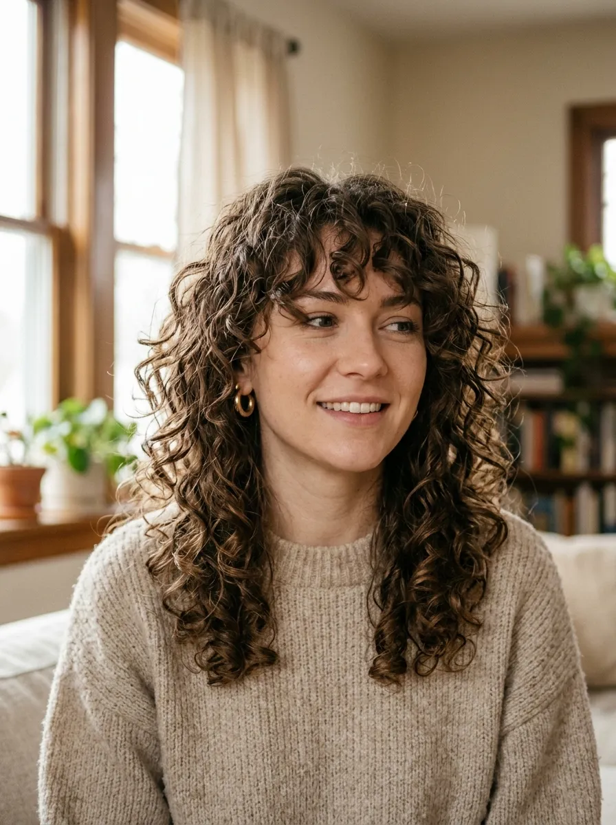 [Image Prompt: A photograph of curly hair styled into a bohemian shag with soft face-framing layers, natural curls catching light near a window, warm neutral tones, shot on a high-end camera with fine detail on individual curl strands, relaxed candid pose.]