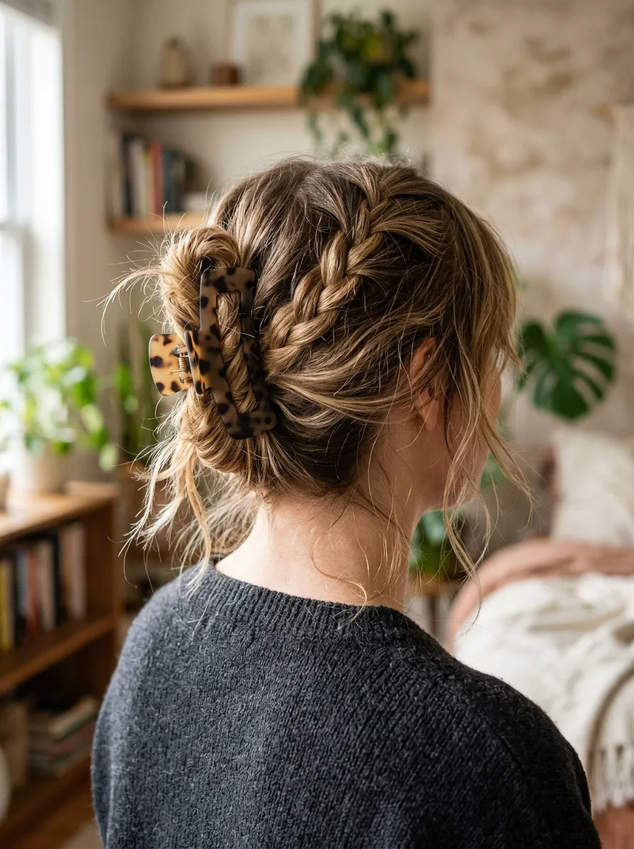 Wolf Cut with a Braid and Claw Clip Updo