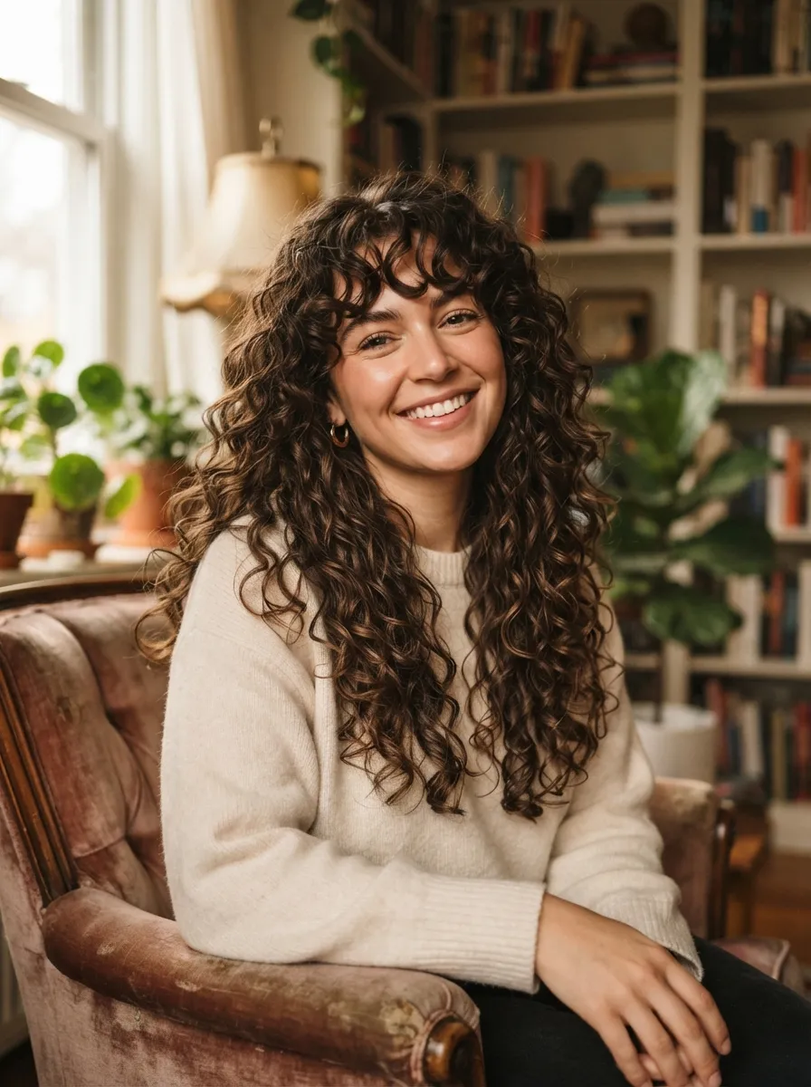 Curtain Bangs with Long Layers for Curly Hair Textures