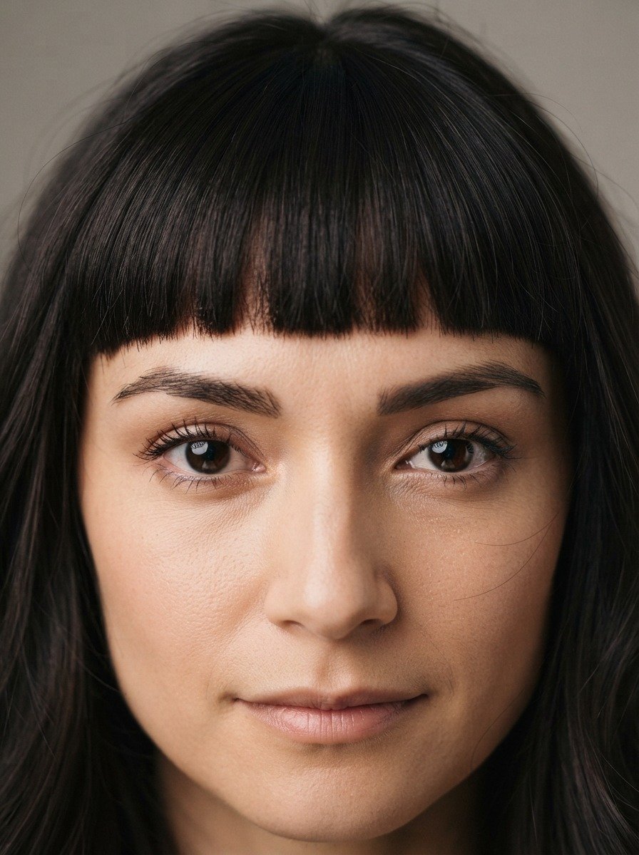 Straight Bangs With Heavy Eyeliner Framing