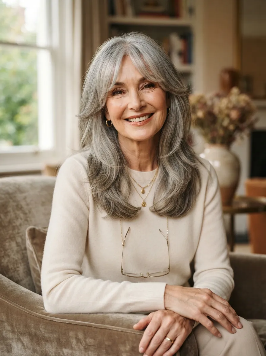 Curtain Bangs with Long Layers for Older Women