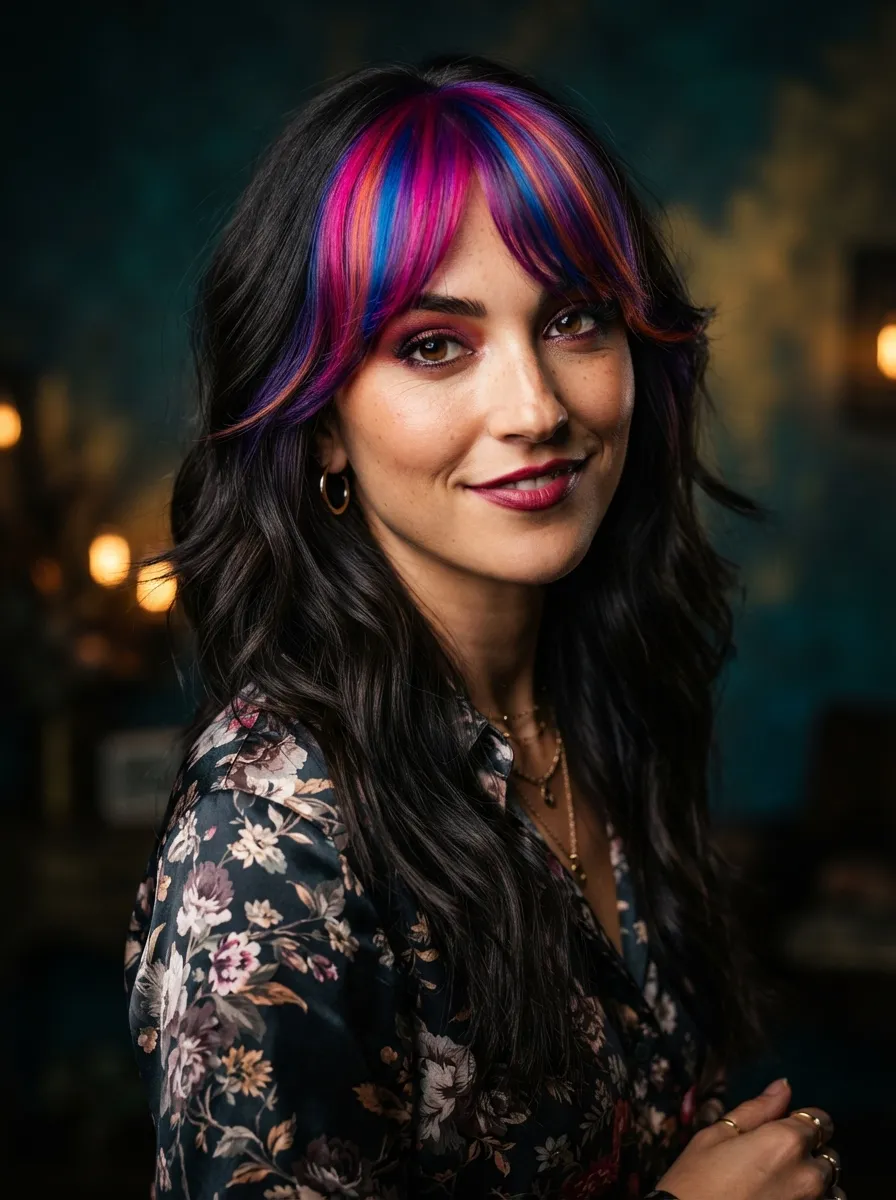 Curtain Bangs with Long Layers and Bold Color Contrast