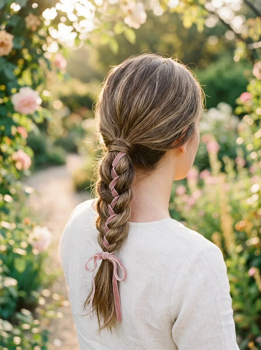 Braided Low Ponytail with Ribbon