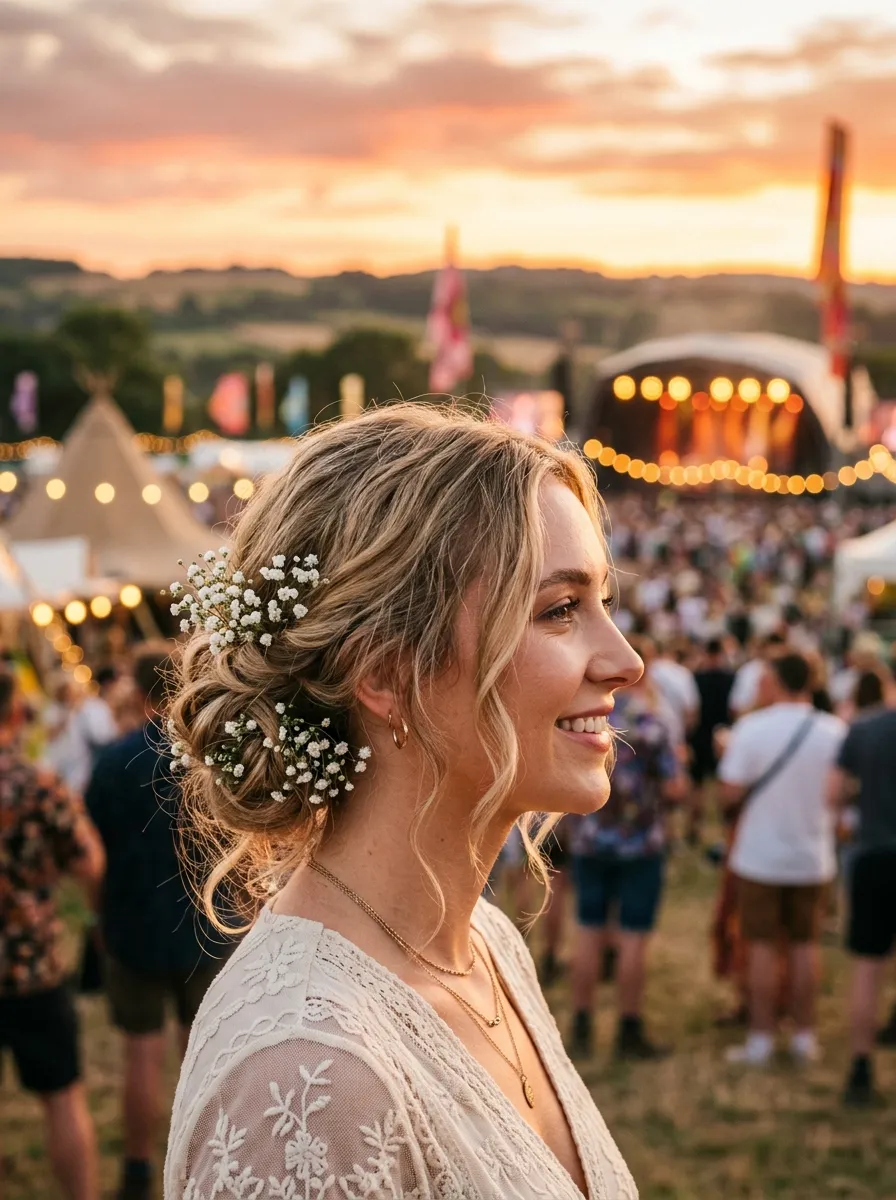 Boho Chignon with Baby's Breath
