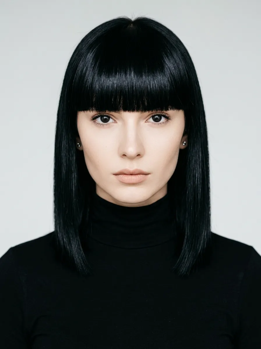 Jet Black Hair with Blunt Bangs