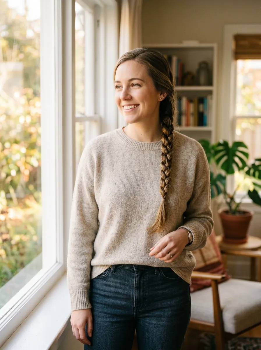 Side Rope Braid Pulled Over One Shoulder