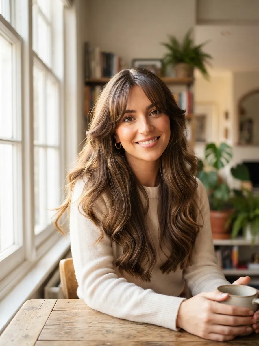 Center-Parted Curtain Bangs with Soft Feathered Layers
