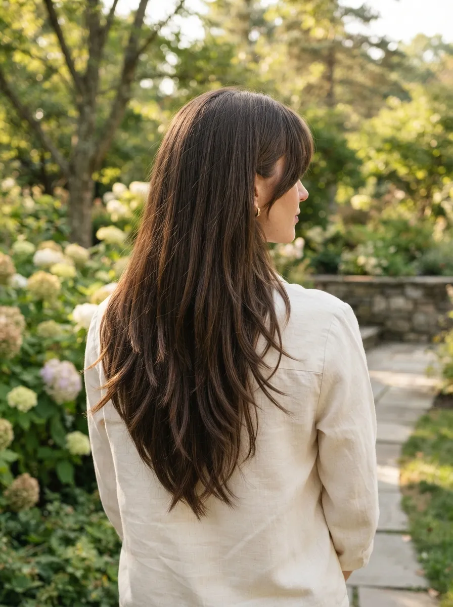 Curtain Bangs with Long Layered V-Cut Ends