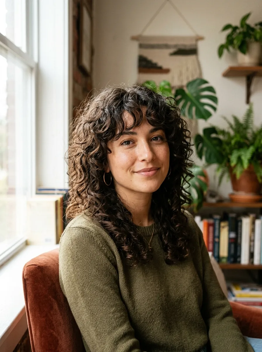 Curly Wolf Cut with Curtain Bangs