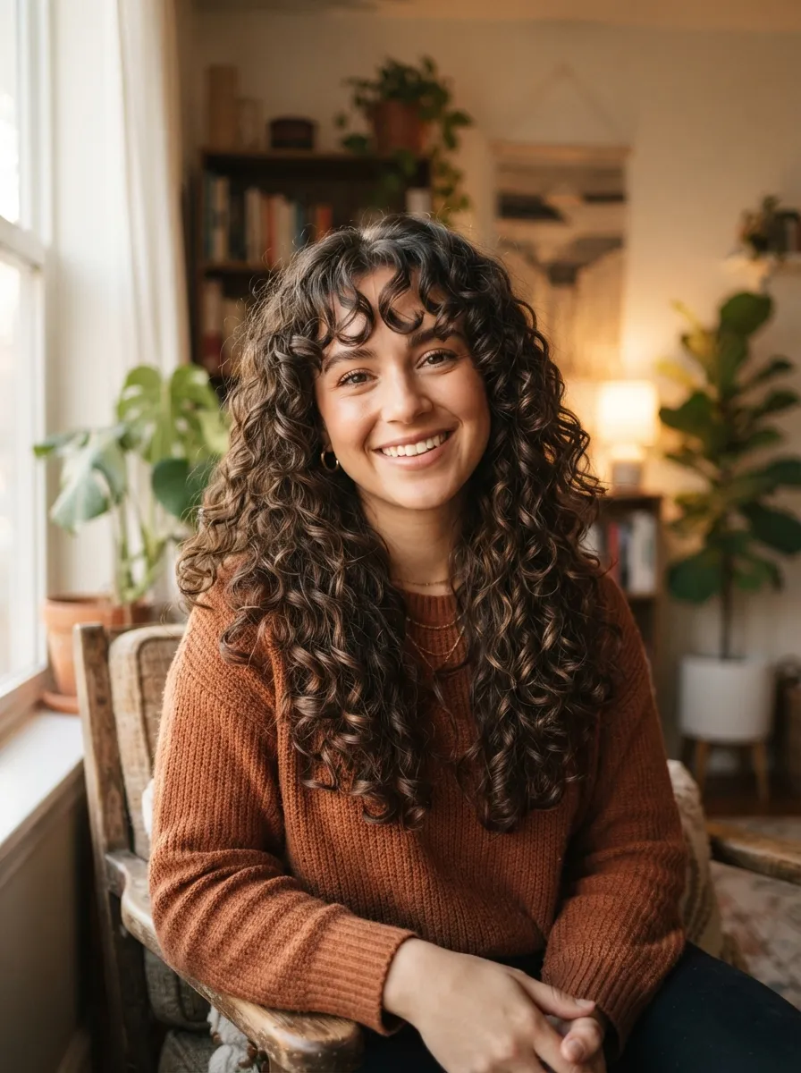 Curly Curtain Bangs with Long Textured Layers