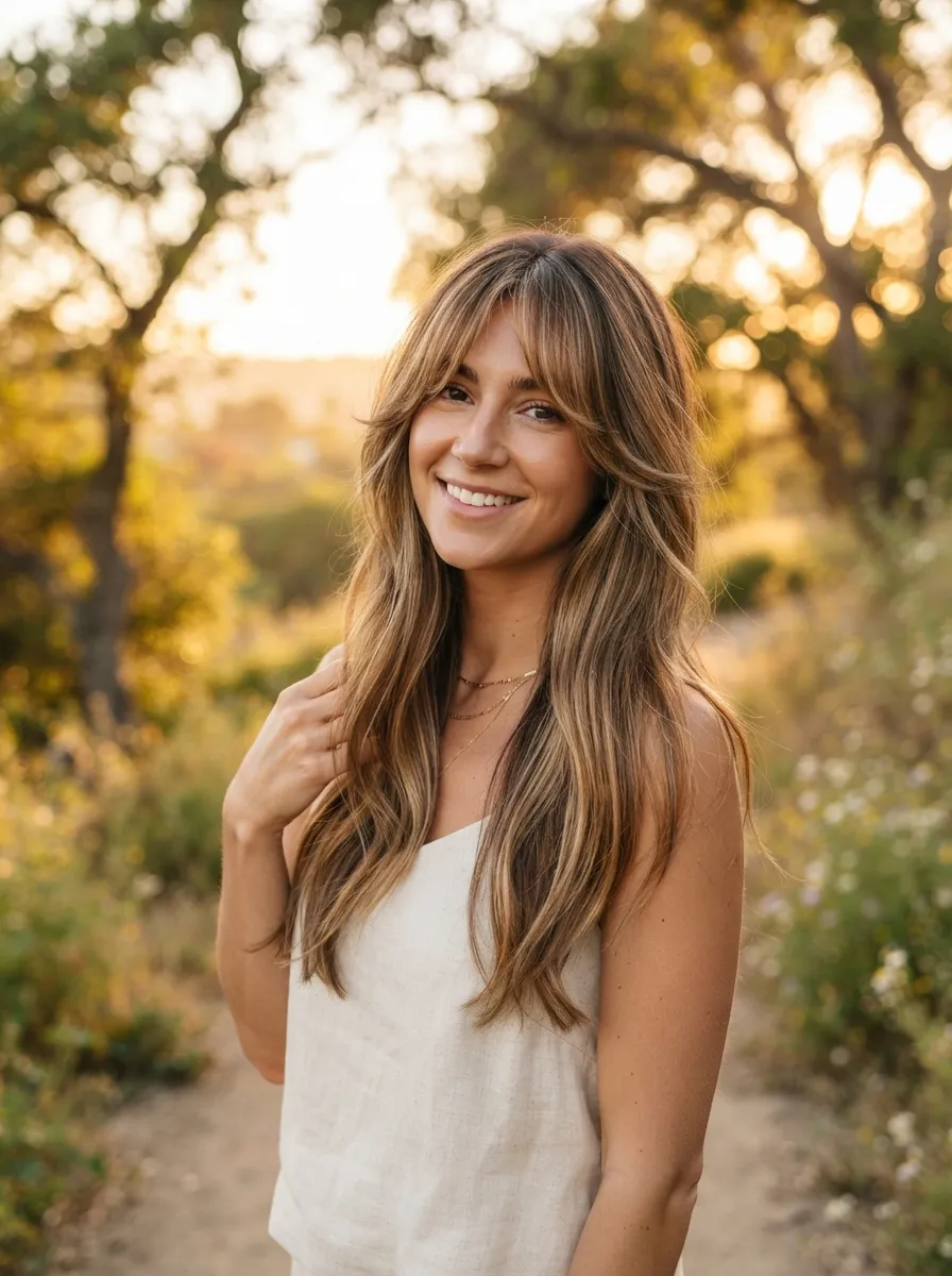 Curtain Bangs with Long Layers and Balayage Highlights