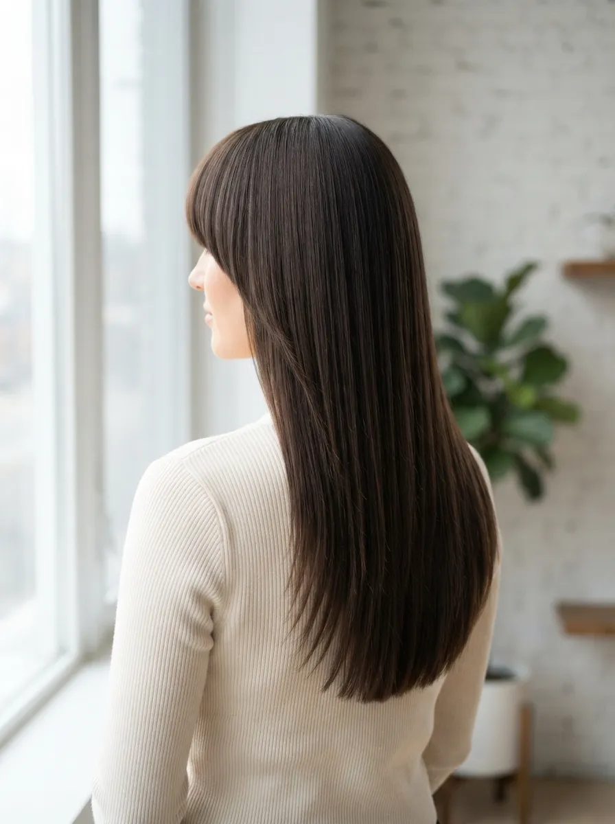Blunt Curtain Bangs Softened with Long Layers