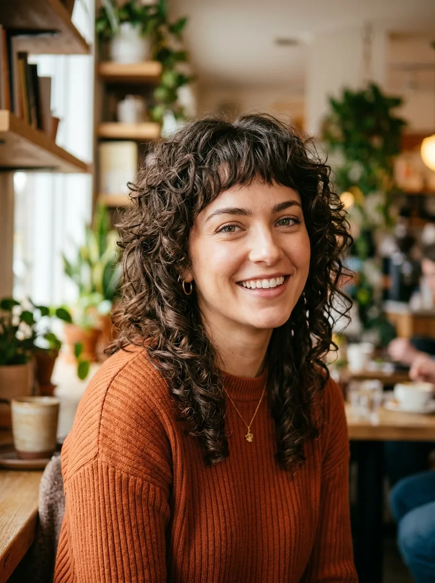 Curly Wolf Cut with Bottleneck Bangs