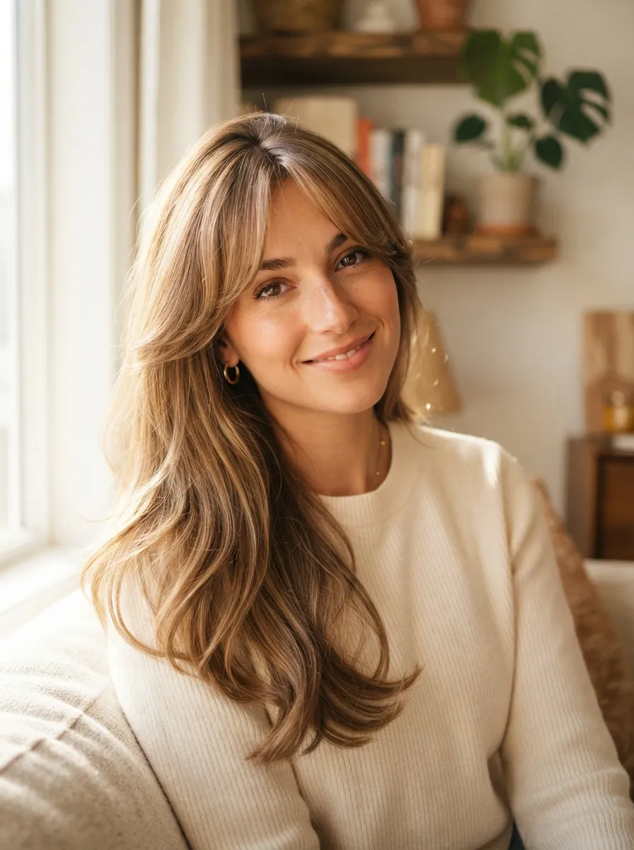 Side-Swept Curtain Bangs with Long Layers