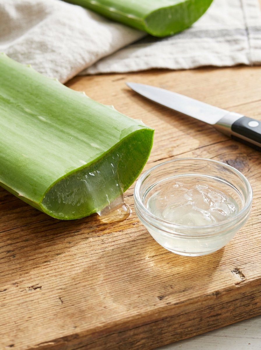 [Image Prompt] Fresh aloe vera leaf cut open with gel visible, next to a small glass bowl, bright natural light on a wooden countertop]